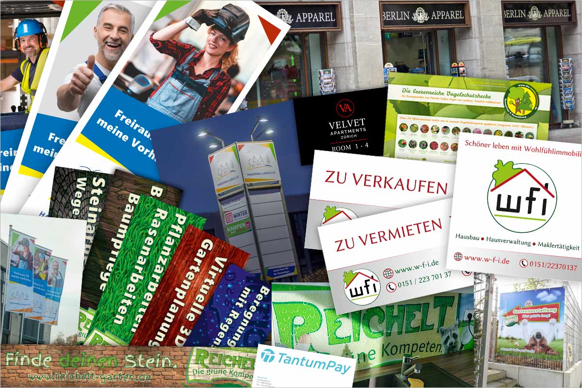 Eine Bildcollage aus vielen Referenzen von gestalteten Werbebannern, Fahnen und Werbeschildern | Werbeagentur  für Stuttgart