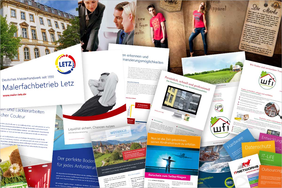 Eine Bildcollage aus vielen Referenzen für Broschüren (Produkte, Leistungen, Dienstleistungen, Image-Broschüren etc.) und Flyer (Werbung, Produkte, Image etc.) der Werbeagentur  für Stuttgart