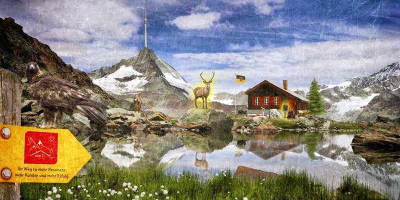 Bildcollage der Werbeagentur in einer fantasievollen Bergkulisse